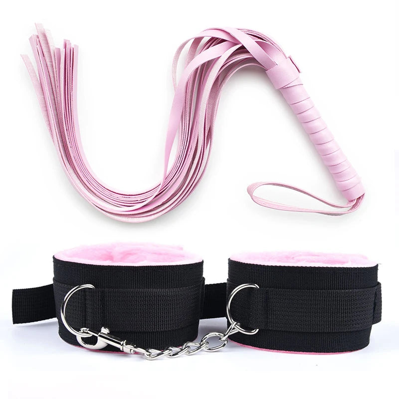 PU Leather Flogger Set – Whip, Plush Cuffs & Chains - 3 Colours