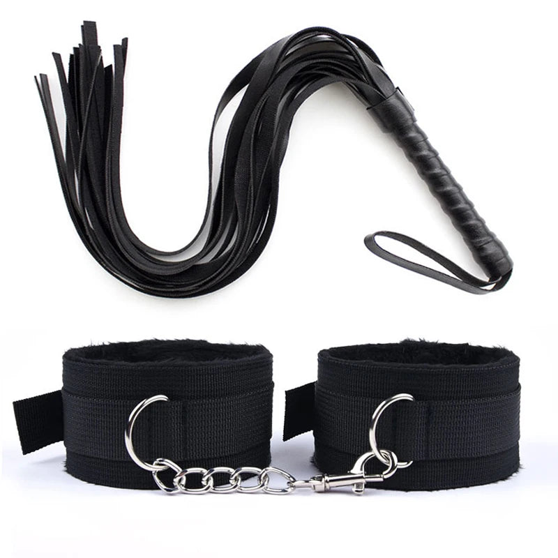 PU Leather Flogger Set – Whip, Plush Cuffs & Chains - 3 Colours