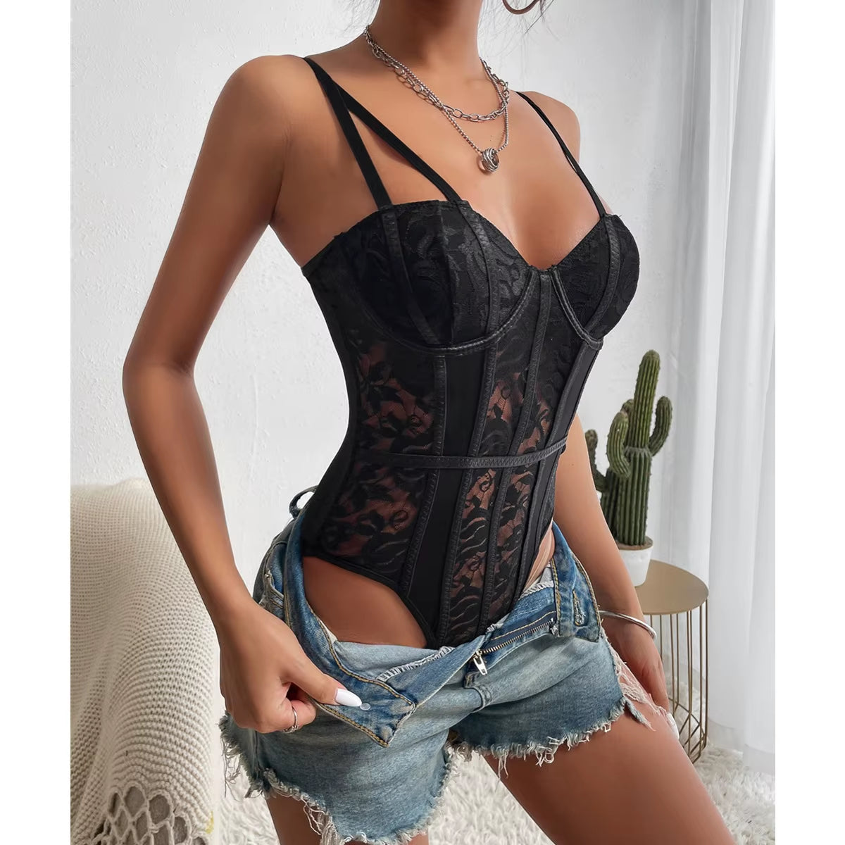 Bodycon Ribbed Lace Bodysuit