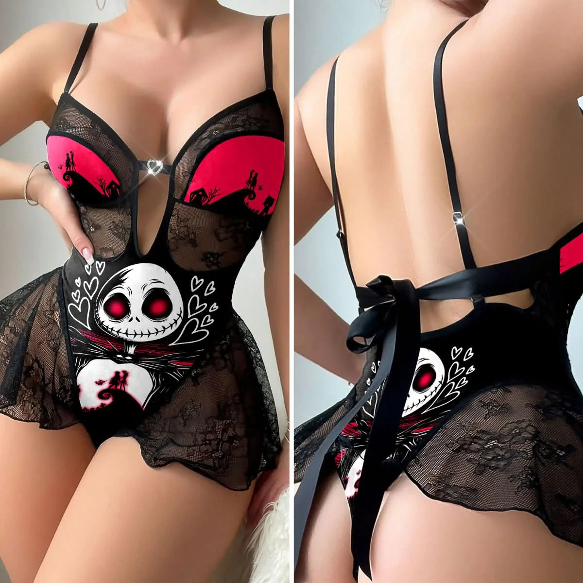 Women'S Black Lace Lingerie Set, Adjustable Straps Bows Bodysuit Sleepwear Outfit