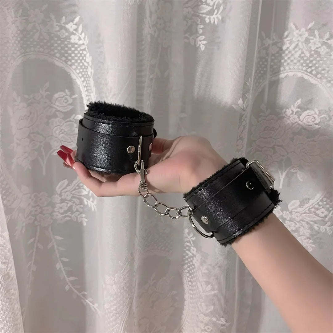 Fleece-Lined PU Leather Cuffs with Ankle Chains – Sexy Cosplay Accessory