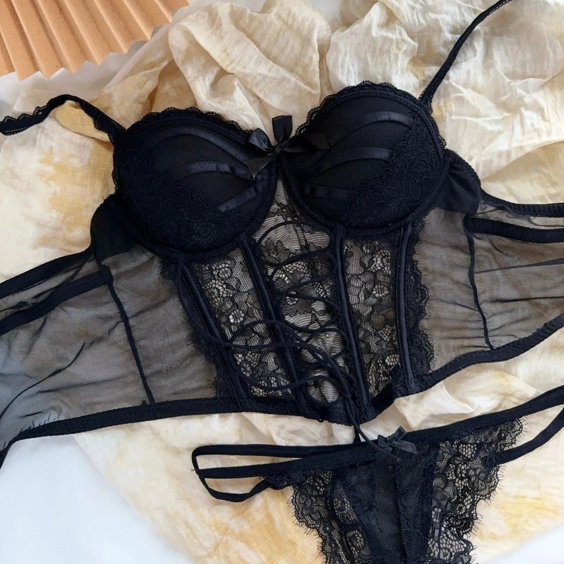Lace Up Corset Style Bra and Underwear Set