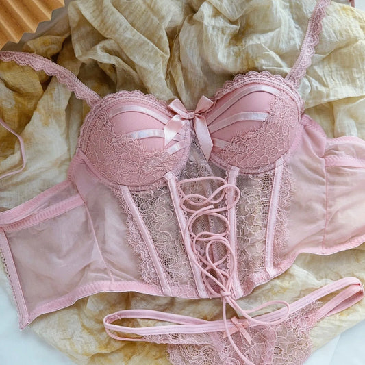 Lace Up Corset Style Bra and Underwear Set