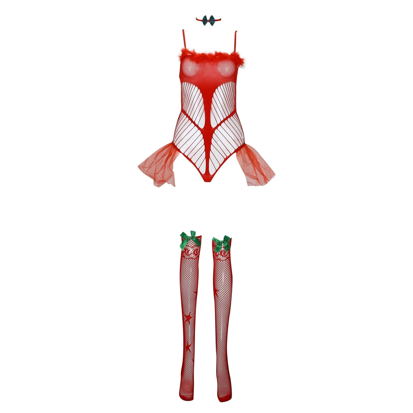 Alluring Red Plush Hollow Out Lace Bodysuit - Perfect for Christmas and Beyond!