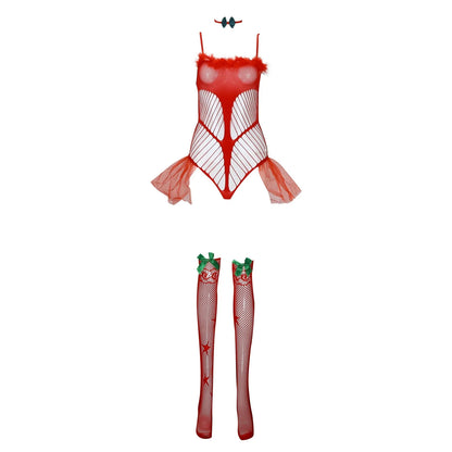 Alluring Red Plush Hollow Out Lace Bodysuit - Perfect for Christmas and Beyond!