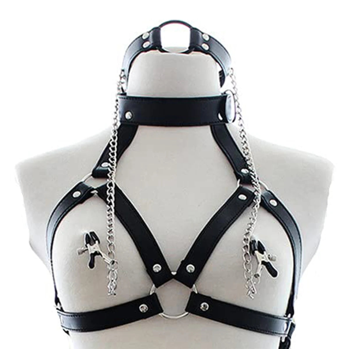 Leather Bondage Choker Collar with Nipple Clamps
