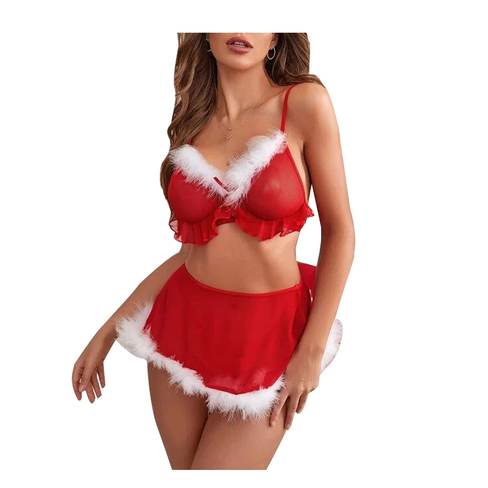 Christmas Babydoll Lingerie Set with Bra, Skirt & Thong