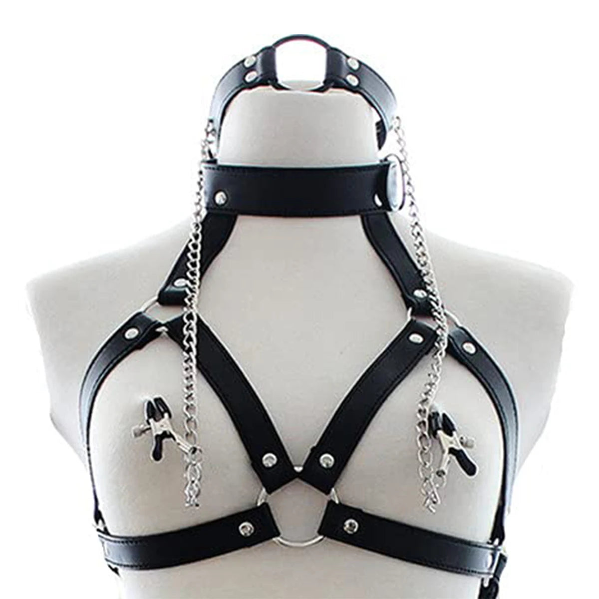 Leather Bondage Choker Collar with Nipple Clamps