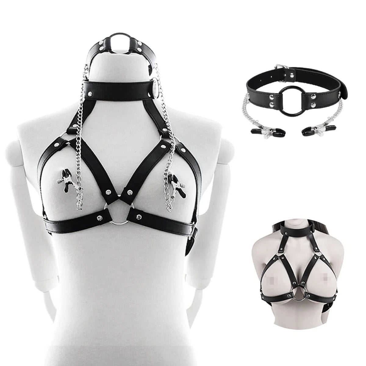 Leather Bondage Choker Collar with Nipple Clamps