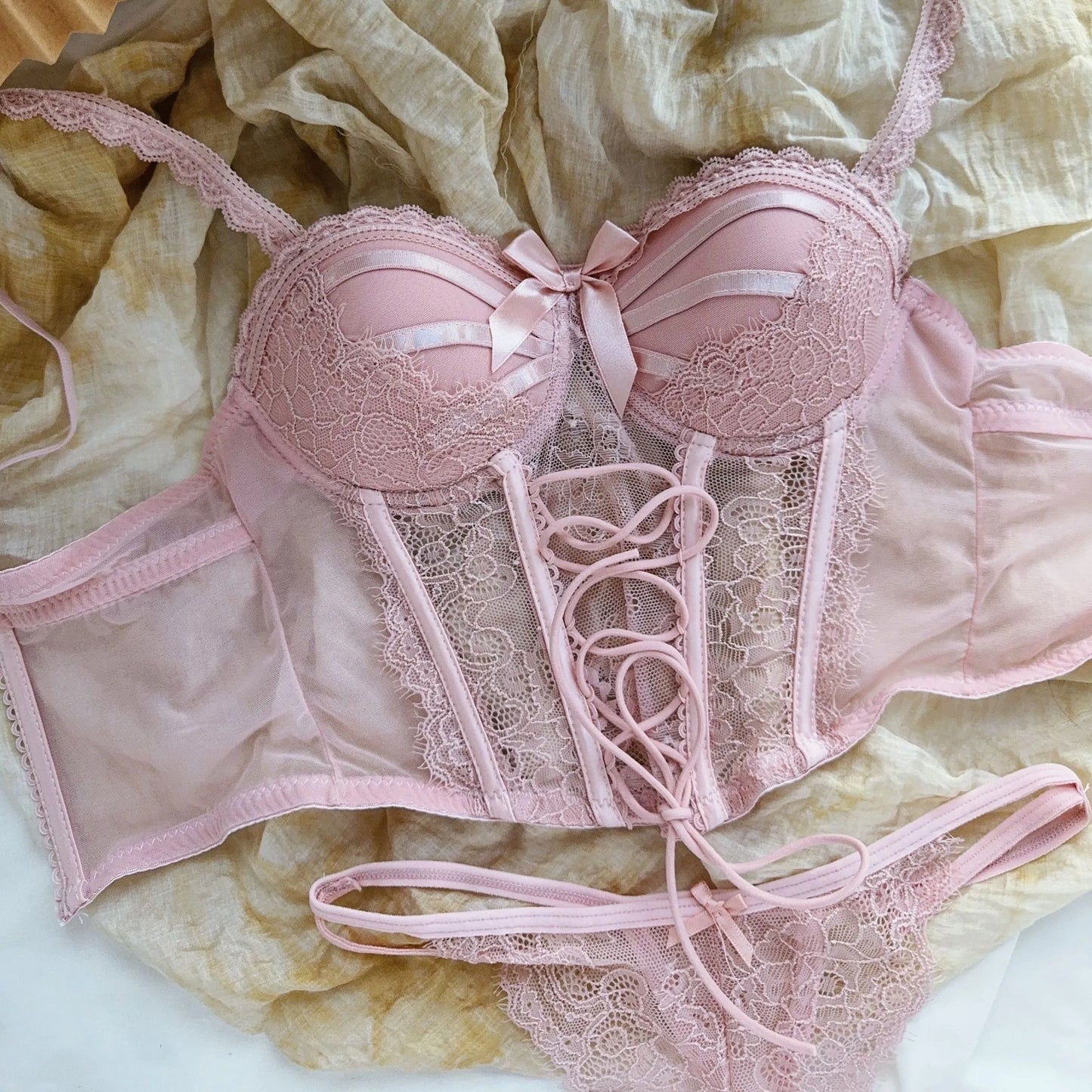 Lace Up Corset Style Bra and Underwear Set