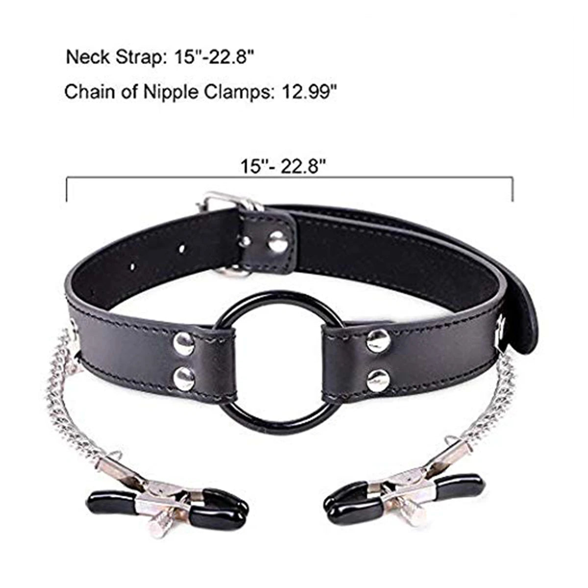 Leather Bondage Choker Collar with Nipple Clamps