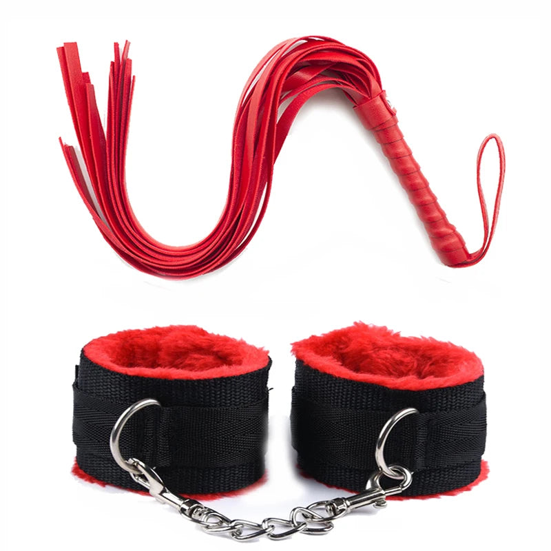 PU Leather Flogger Set – Whip, Plush Cuffs & Chains - 3 Colours