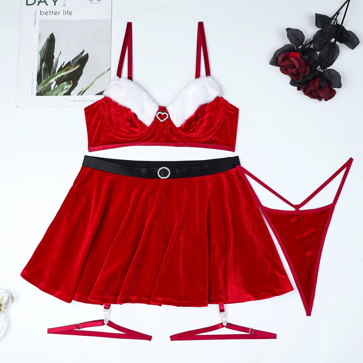 Christmas Naughty Plush Patchwork Bra & Thong Skirt Set