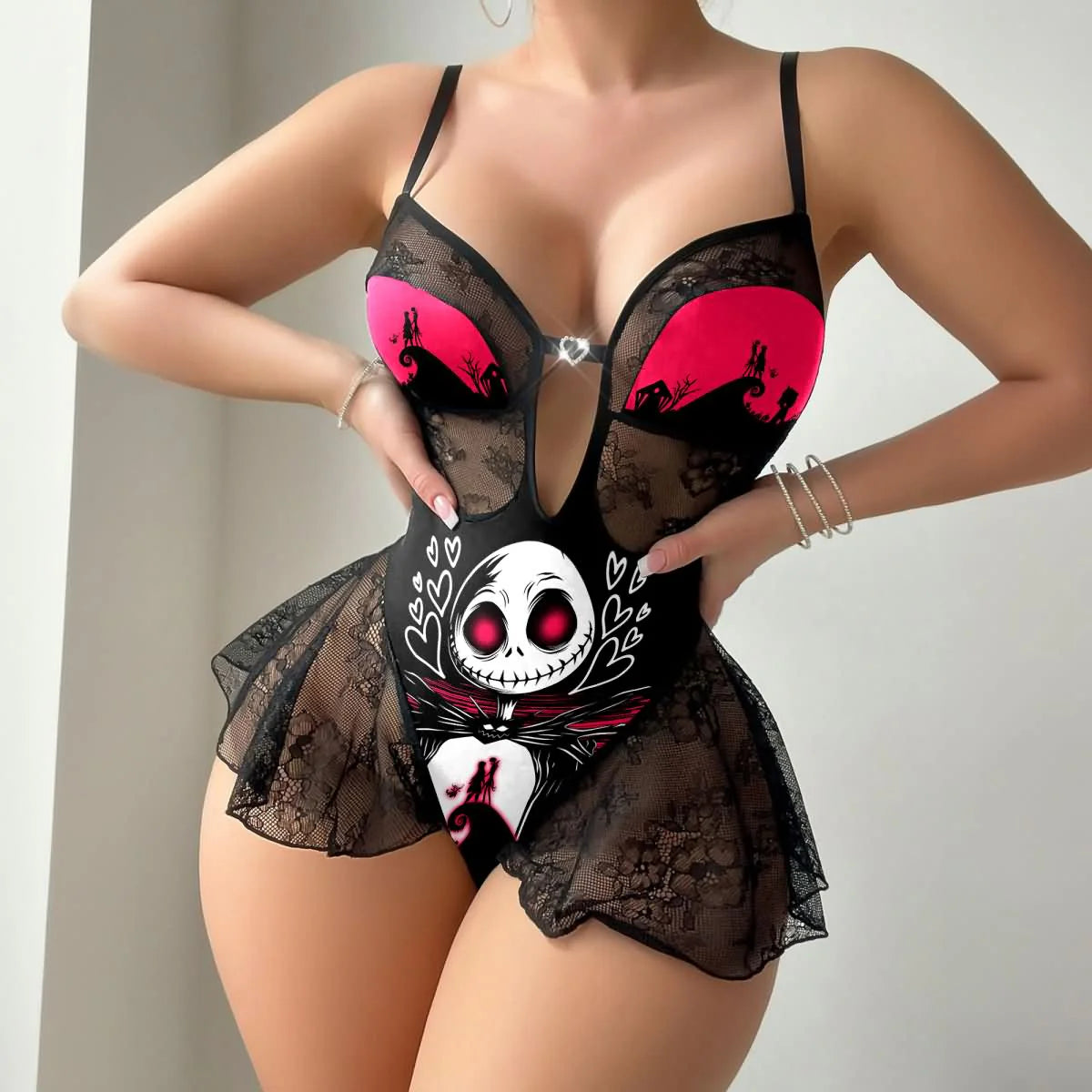 Women'S Black Lace Lingerie Set, Adjustable Straps Bows Bodysuit Sleepwear Outfit